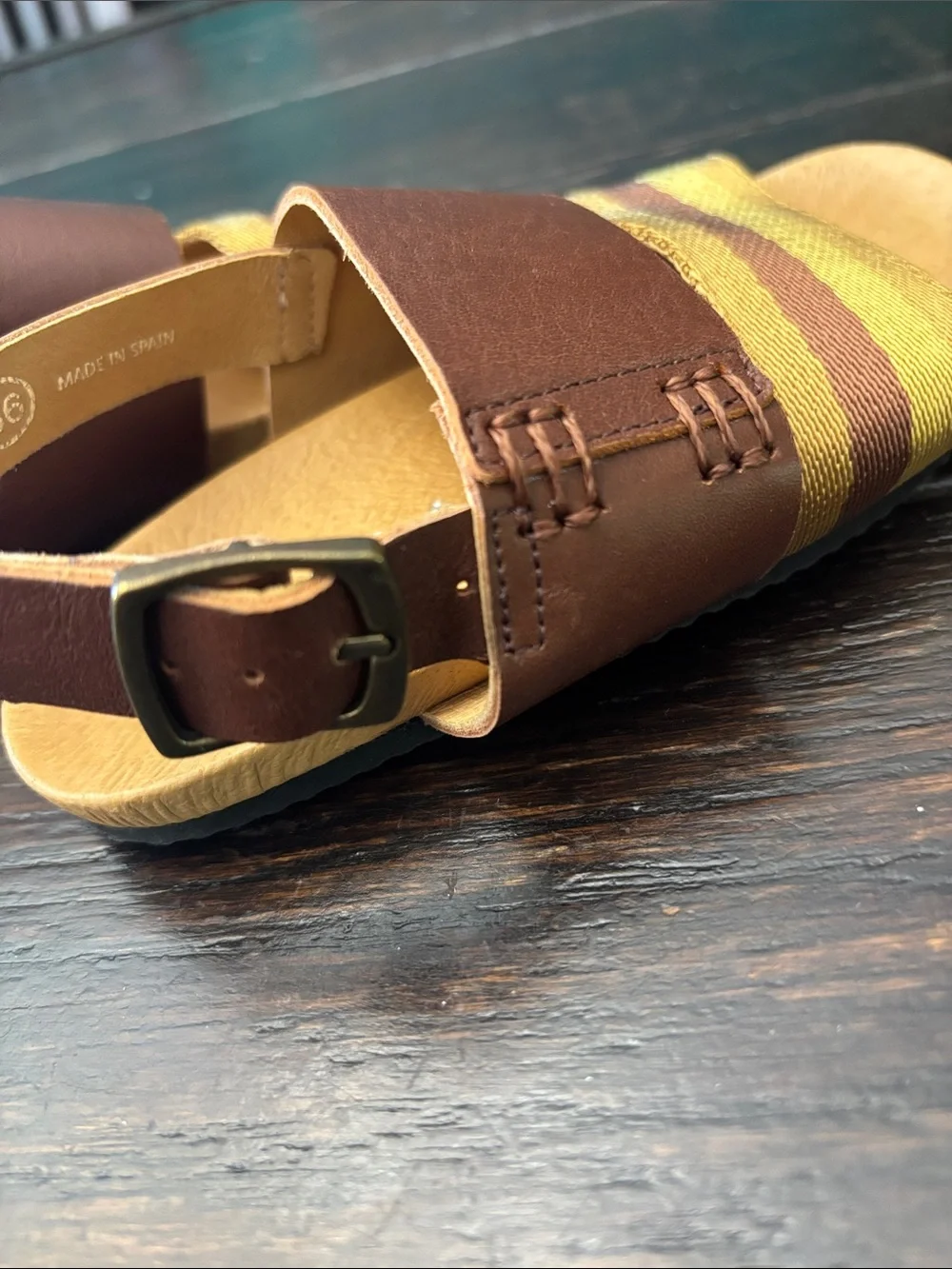 Bonpoint Brown Leather Sandals with Yellow Striped Band